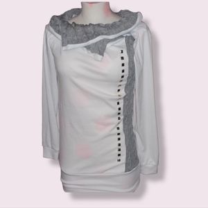 NEW 《 Boutique 》Tunic Cowl Neck Cable Knit Chunky White Gray Studded Sweater XL